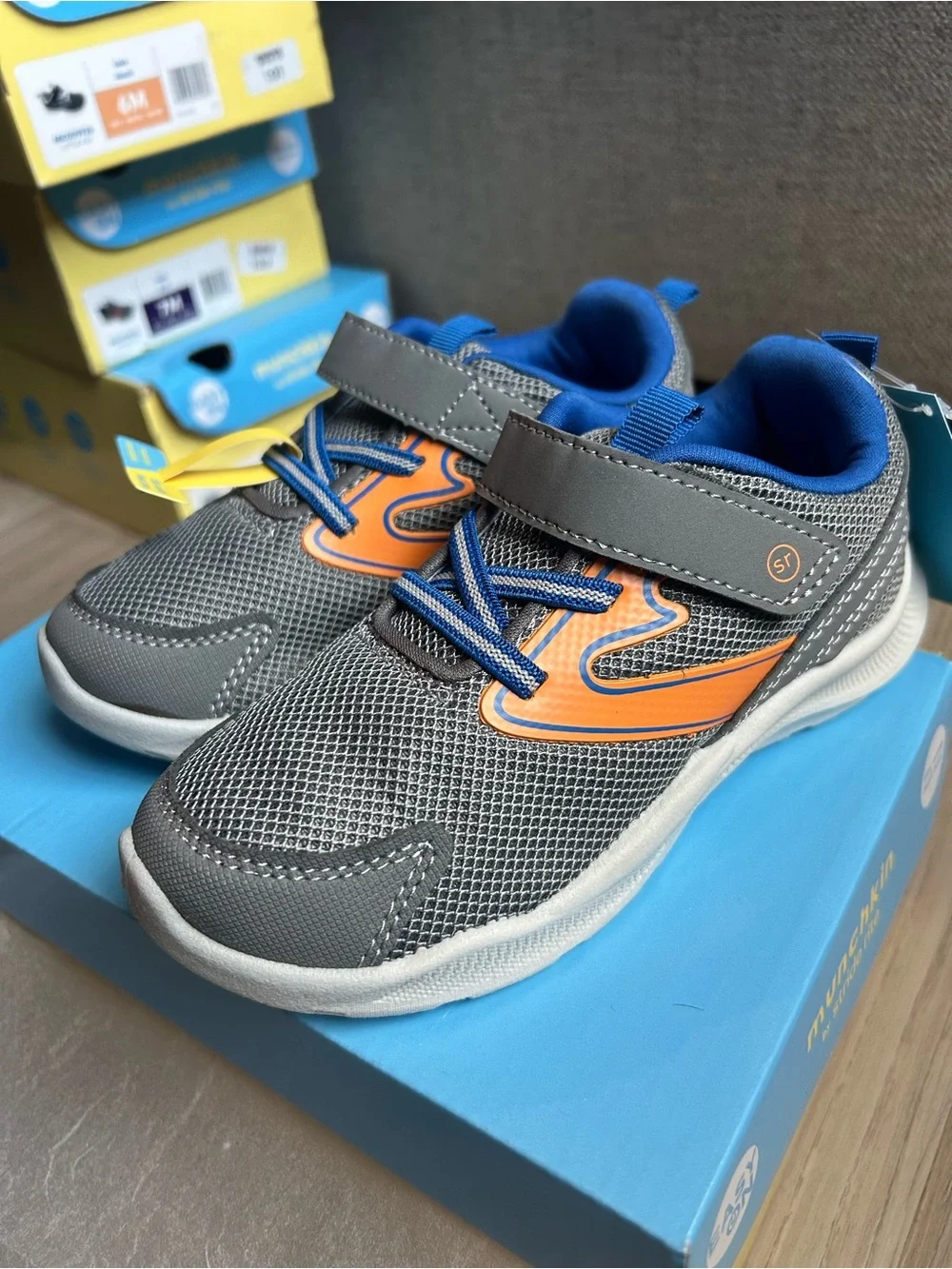 Stride Rite Gray and Orange Kids Sneakers with Blue Accents